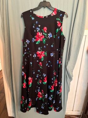 Calvin Klein Black Midi Dress with Red & Blue Floral Print